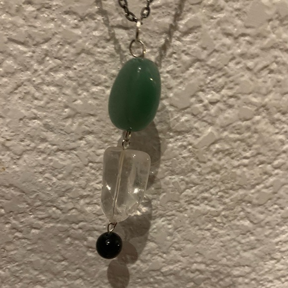 Hand Crafted Jewelry - Pendant crafted from black jade, clear quartz & green chrysoprase beads. 3”